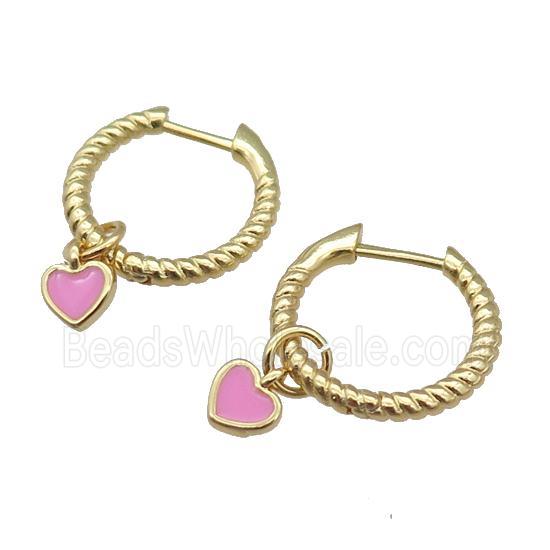 copper Hoop Earring with pink enamel heart, gold plated