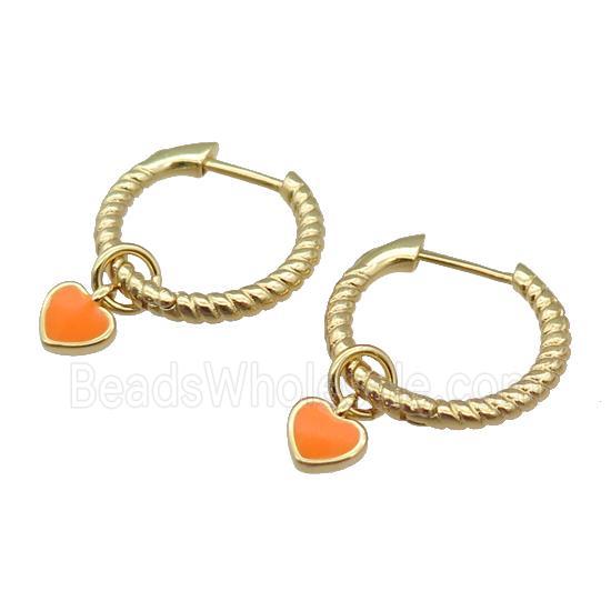copper Hoop Earring with orange enamel heart, gold plated