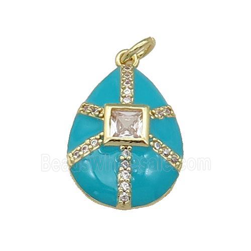 copper teardrop pendant paved zircon, teal enamel, gold plated