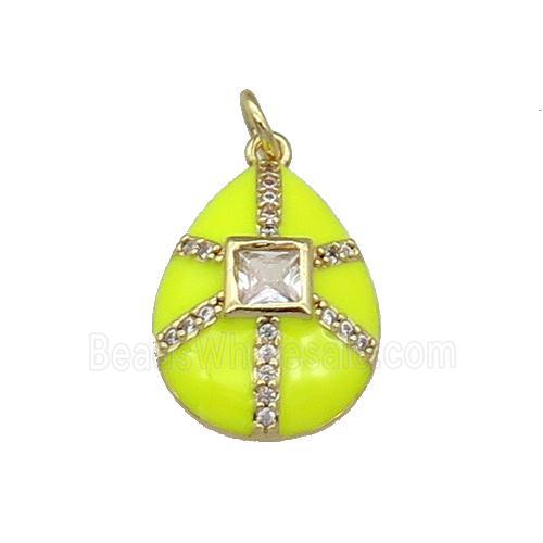 copper teardrop pendant paved zircon, yellow enamel, gold plated