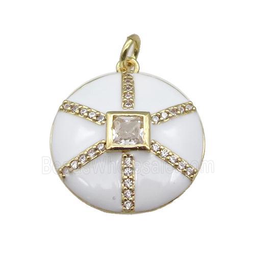 copper circle pendant paved zircon, white enamel, gold plated