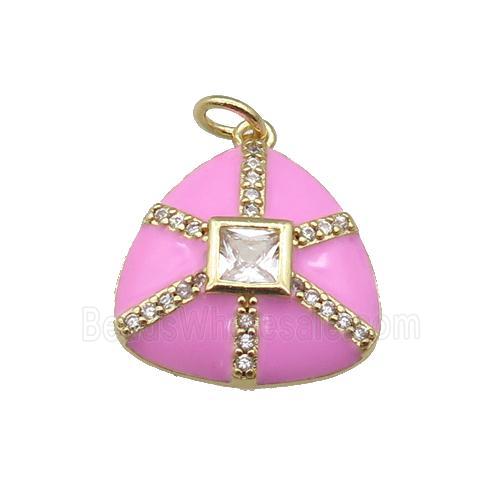 copper triangle pendant paved zircon, pink enamel, gold plated