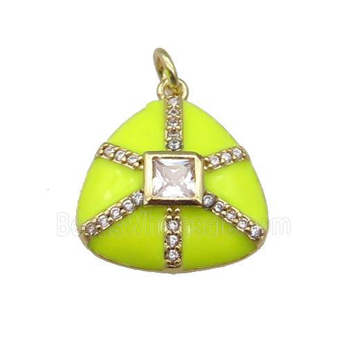 copper triangle pendant paved zircon, yellow enamel, gold plated