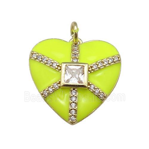copper heart pendant paved zircon, yellow enamel, gold plated