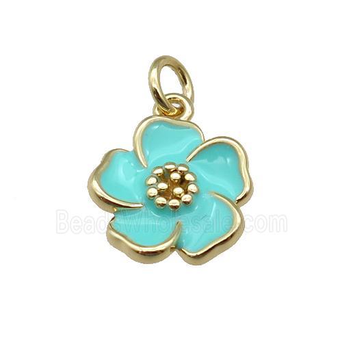 copper Flower pendant with teal enamel, gold plated