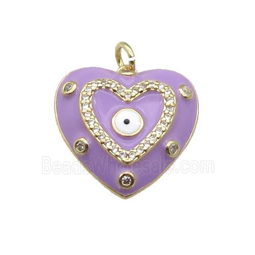 copper Heart pendant with lavender enamel, evil eye, gold plated