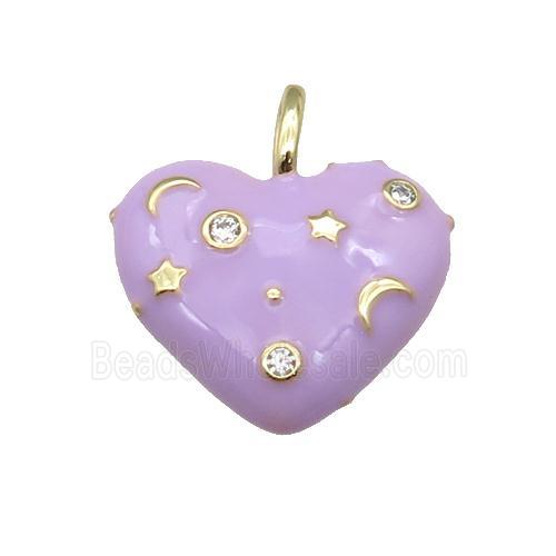 copper Heart pendant with lt.lavender enamel, moon star, gold plated