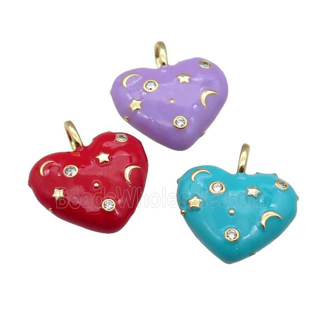 copper Heart pendant with enamel, moon star, gold plated, mixed