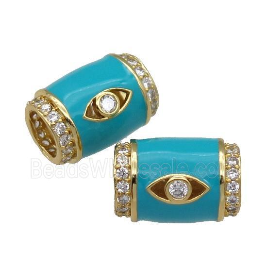 copper Tube beads paved zircon with teal enamel, eye, gold plated