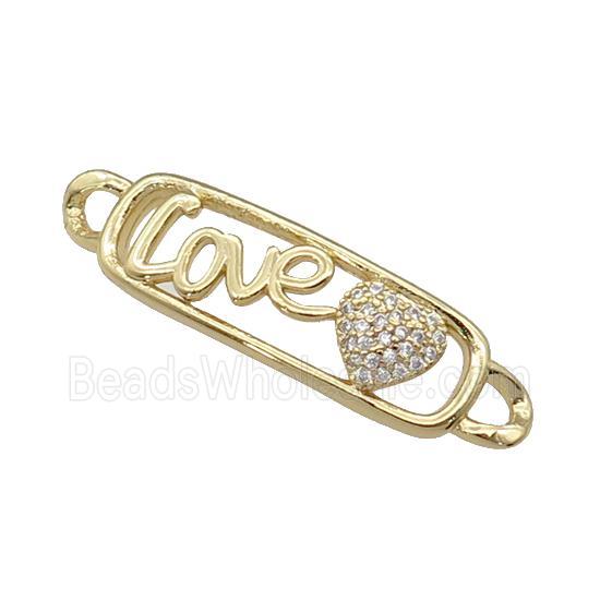 copper Heart connector paved zircon, LOVE, gold plated