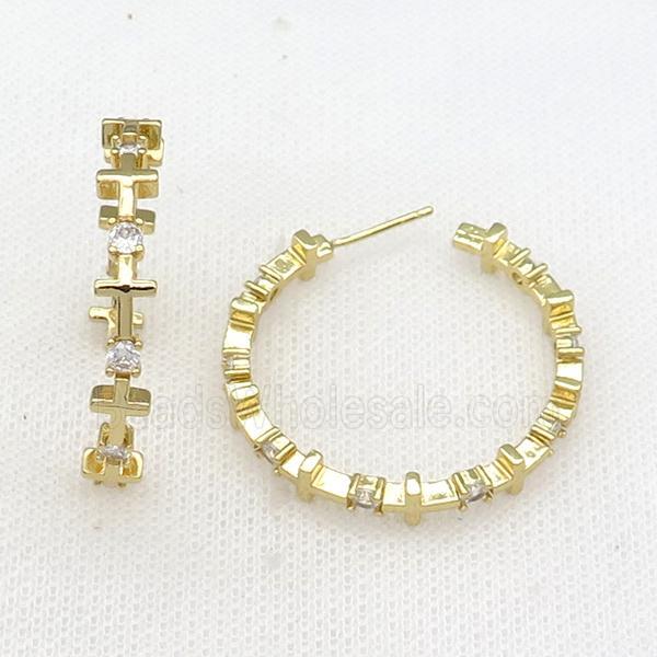 copper Stud Earrings paved zircon, cross, gold plated