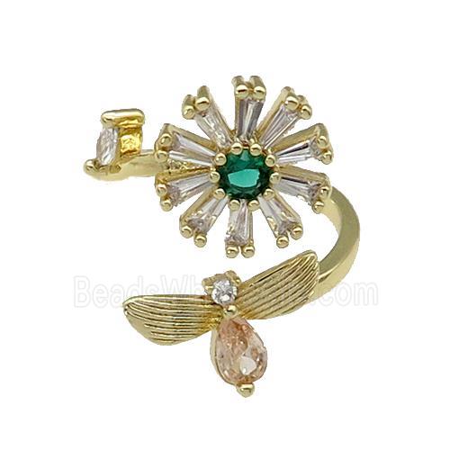 copper Ring paved zircon, flower, gold plated