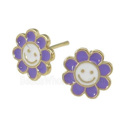 copper emoji Stud Earring with lavender enamel, smileface, gold plated