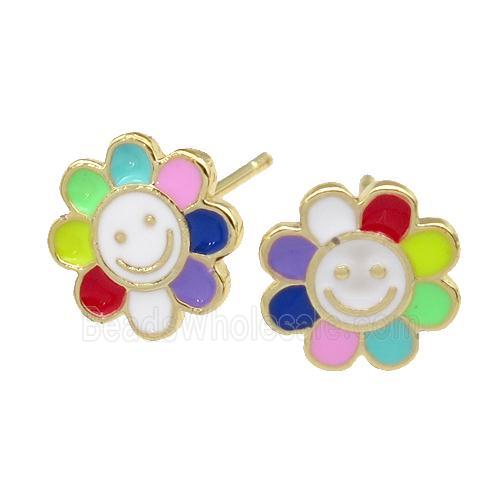 copper emoji Stud Earring with multicolor enamel, smileface, gold plated