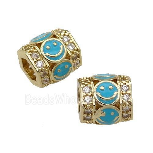 copper Tube beads paved zircon with teal enamel smileface, gold plated