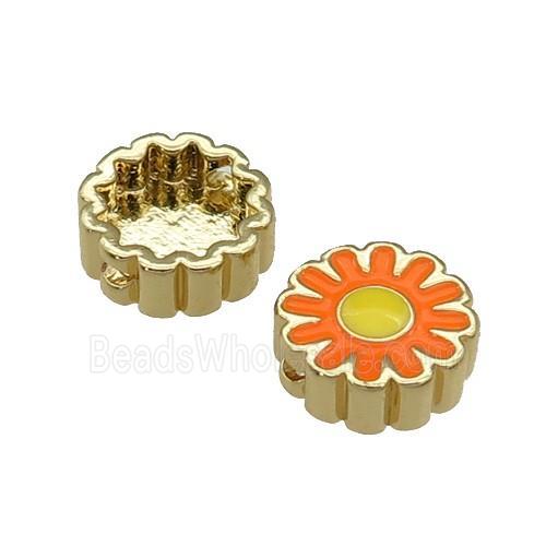 copper Sunflower beads with orange enamel, gold plated
