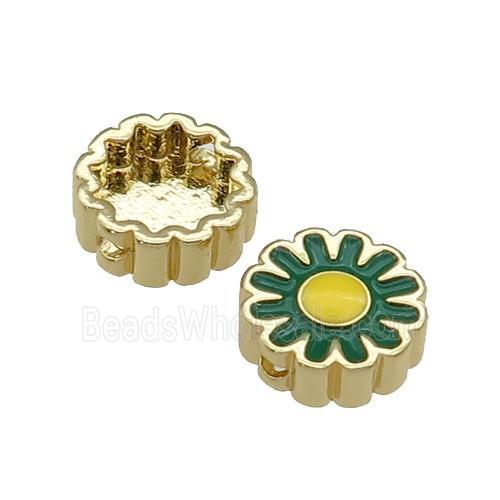 copper Sunflower beads with green enamel, gold plated