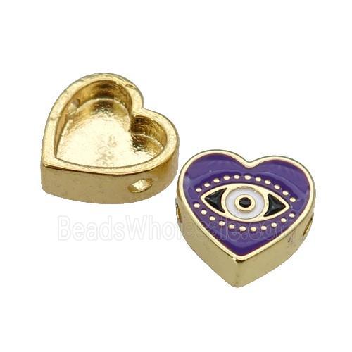copper Heart beads with purple enamel, Evil Eye, gold plated