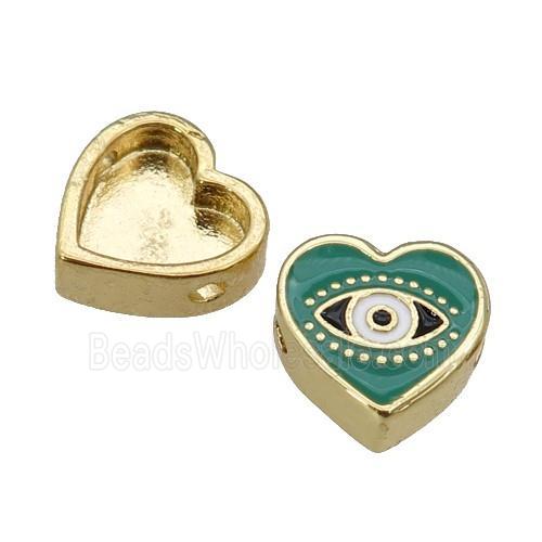 copper Heart beads with green enamel, Evil Eye, gold plated