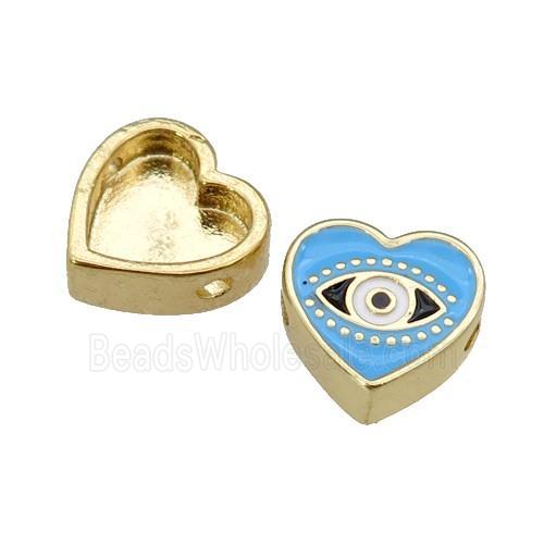 copper Heart beads with blue enamel, Evil Eye, gold plated