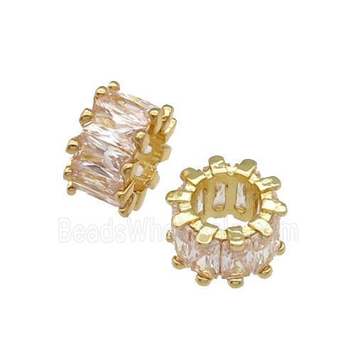 copper rondelle beads paved zircon, large hole, gold plated