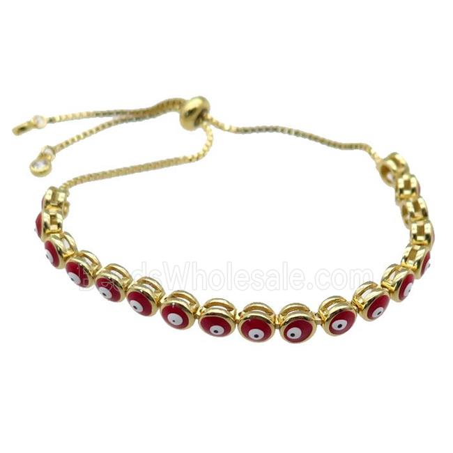 copper Bracelet with red enamel Evil Eye, adjustable, gold plated