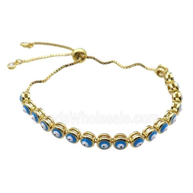 copper Bracelet with blue enamel Evil Eye, adjustable, gold plated