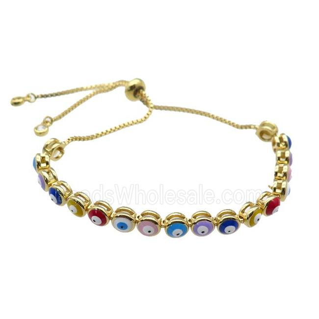 copper Bracelet with enamel Evil Eye, multicolor, adjustable, gold plated