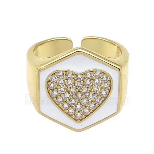 copper Heart Ring paved zircon with white enamel, gold plated