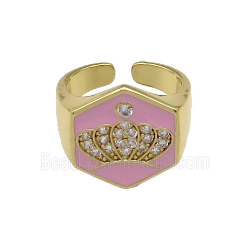 copper Crown Rings paved zircon with pink enamel, gold plated