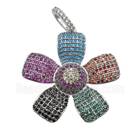 copper Flower pendant pave zircon, multicolor, platinum plated