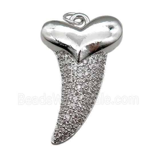 copper sharktooth charm pendant pave zircon, platinum plated