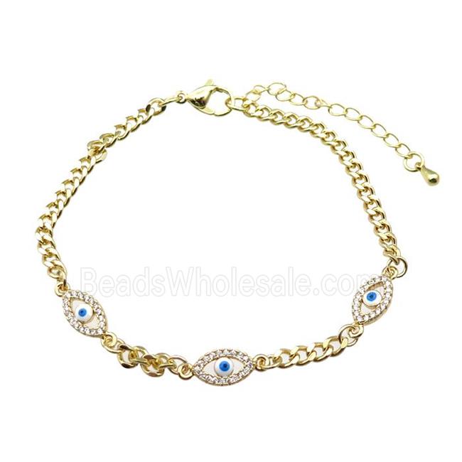 copper Bracelet paved zircon with evil eye, adjustable, gold plated