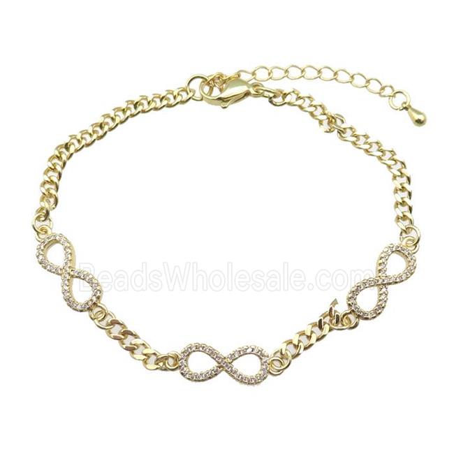 copper Bracelet paved zircon with infinity, adjustable, gold plated