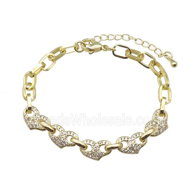 copper Bracelet with heart paved zircon, adjustable, gold plated
