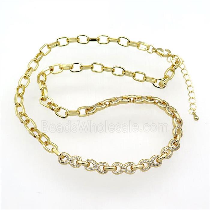copper Necklace paved zircon, infinity, adjustable, gold plated