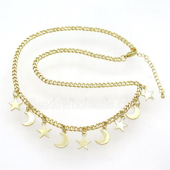 copper Necklace, moon star, adjustable, gold plated
