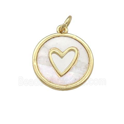 copper circle pendant pave shell, heart, gold plated