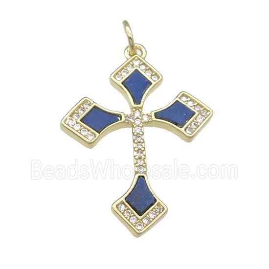 copper Cross pendant pave Lapis, gold plated