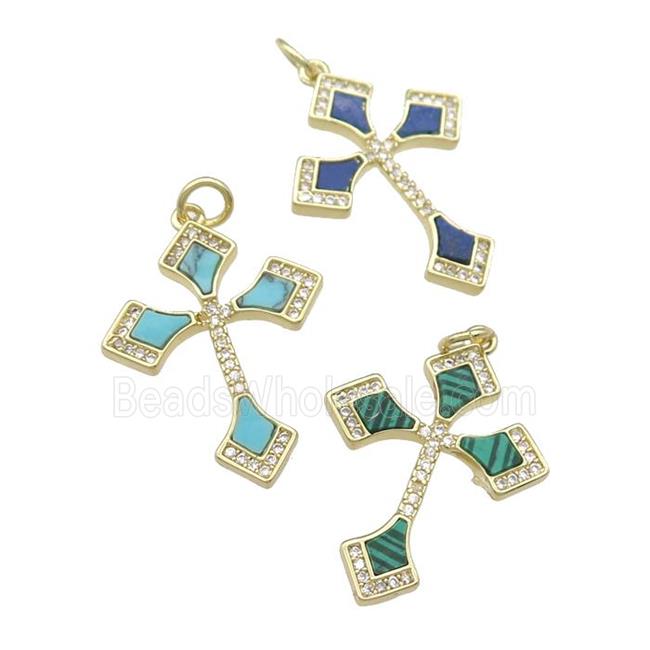 copper Cross pendant pave gemstone, gold plated, mixed