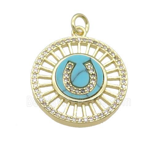 copper circle pendant pave Turquoise, gold plated