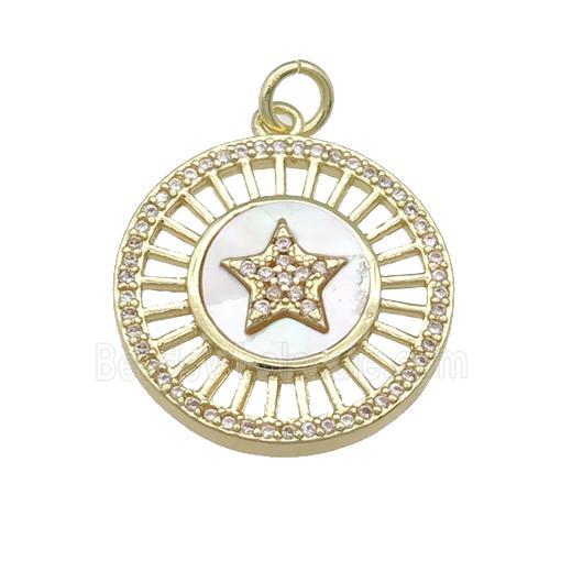copper circle pendant pave shell, star, gold plated