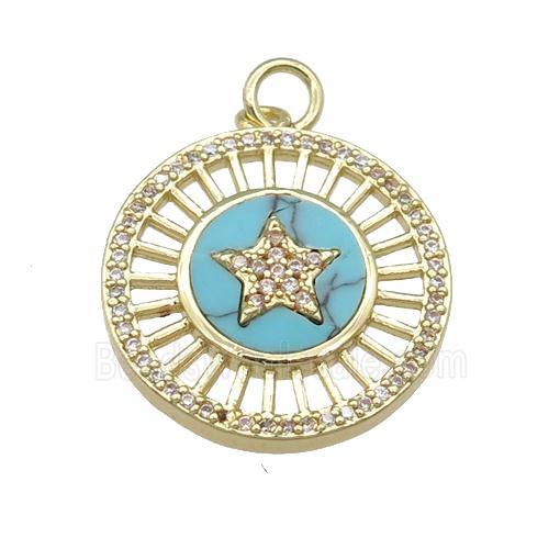 copper circle pendant pave Turquoise, star, gold plated