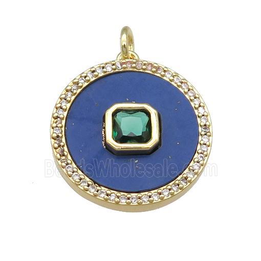copper circle pendant pave Lapis, green zircon, gold plated