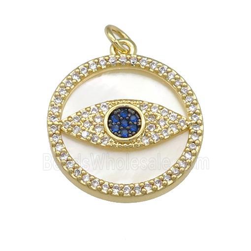 copper circle Eye pendant paved zircon, shell, gold plated