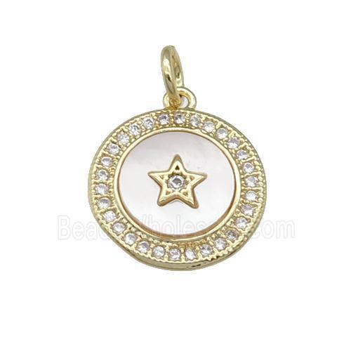 copper circle Star pendant paved shell, zircon, gold plated