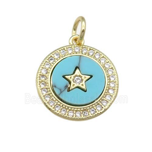 copper circle Star pendant paved Turquoise, zircon, gold plated