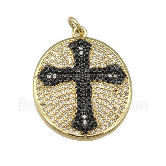 copper oval Cross pendant paved zircon, gold plated