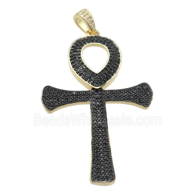 Copper Ankh Cross Pendant Pave Black Zircon Gold Plated