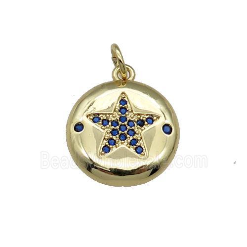copper circle Star pendant pave blue zircon, gold plated